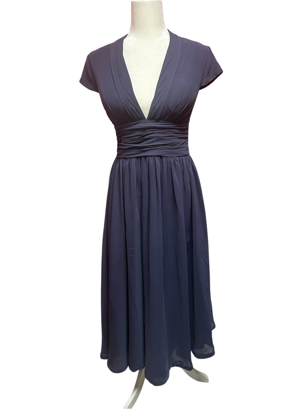 JJ’s House Elegant Deep Navy V-Neck Cap-Sleeves Midi Dress with Ruched Waist